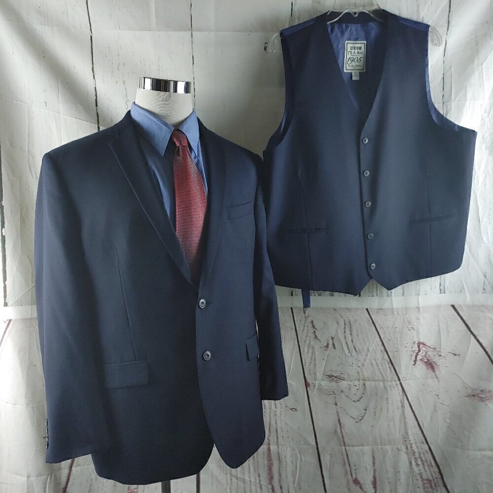 Jos A Bank 1905 The New Tradition Slim Fit 46R Wool Blue 2pc Suit Jacket & Vest
